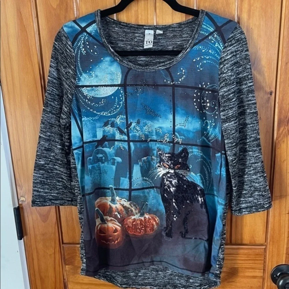 TO Thomas Olivia Halloween Top Black Cat Sequined 3/4 Sleeve Medium Pumpkins